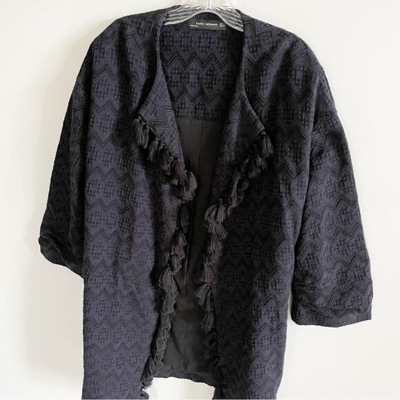 Zara Navy Jacquard Fringe Tassel Kimono Jacket - Picture 7 of 10